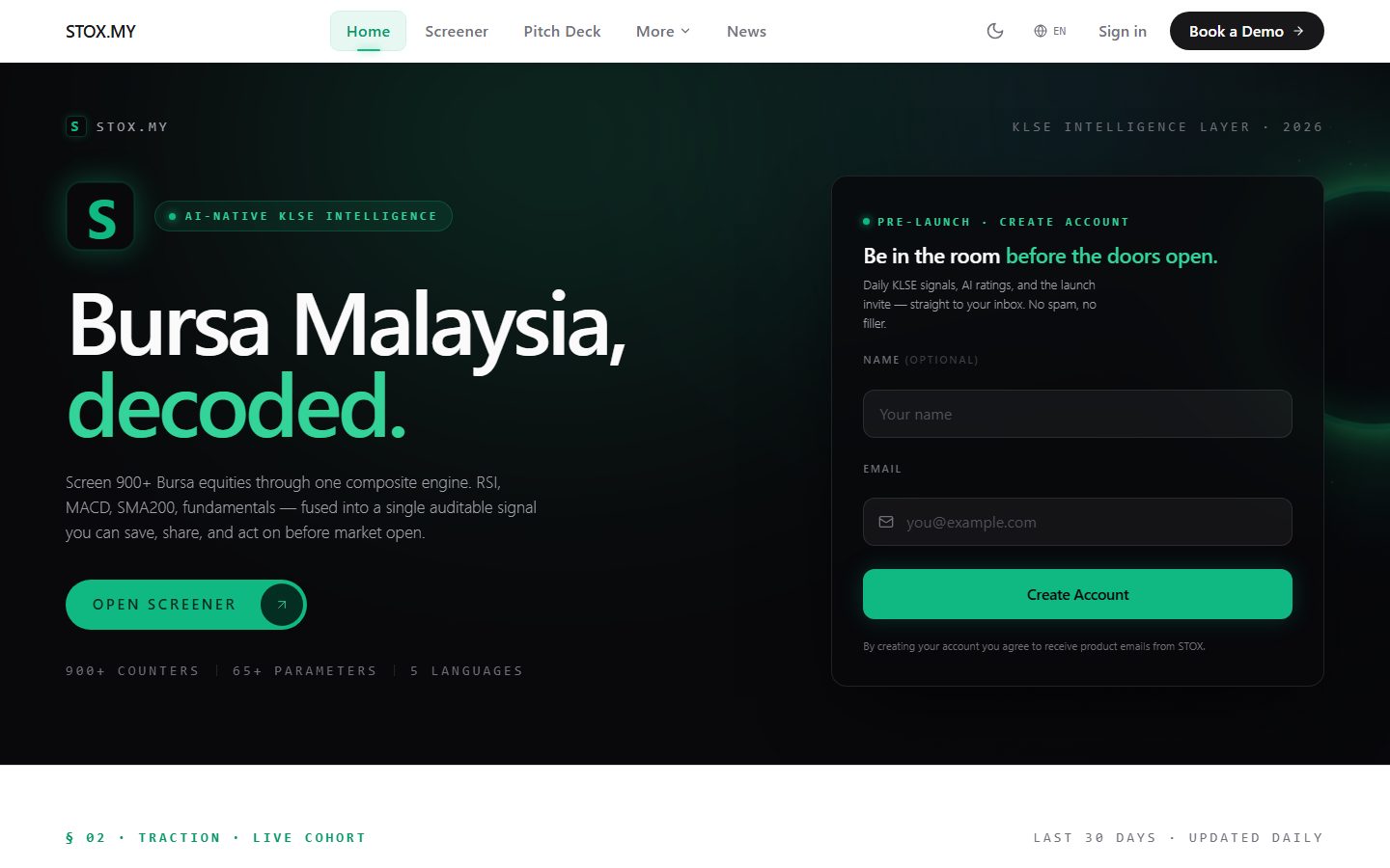 stox.my homepage Bursa Malaysia decoded hero with KLSE intelligence positioning